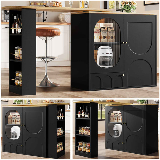 360° Rotating Bar Table with Storage, Kitchen Island & Dining Counter – 3-Door Cabinet with Adjustable Shelves, Black (Deliver to Germany Only)