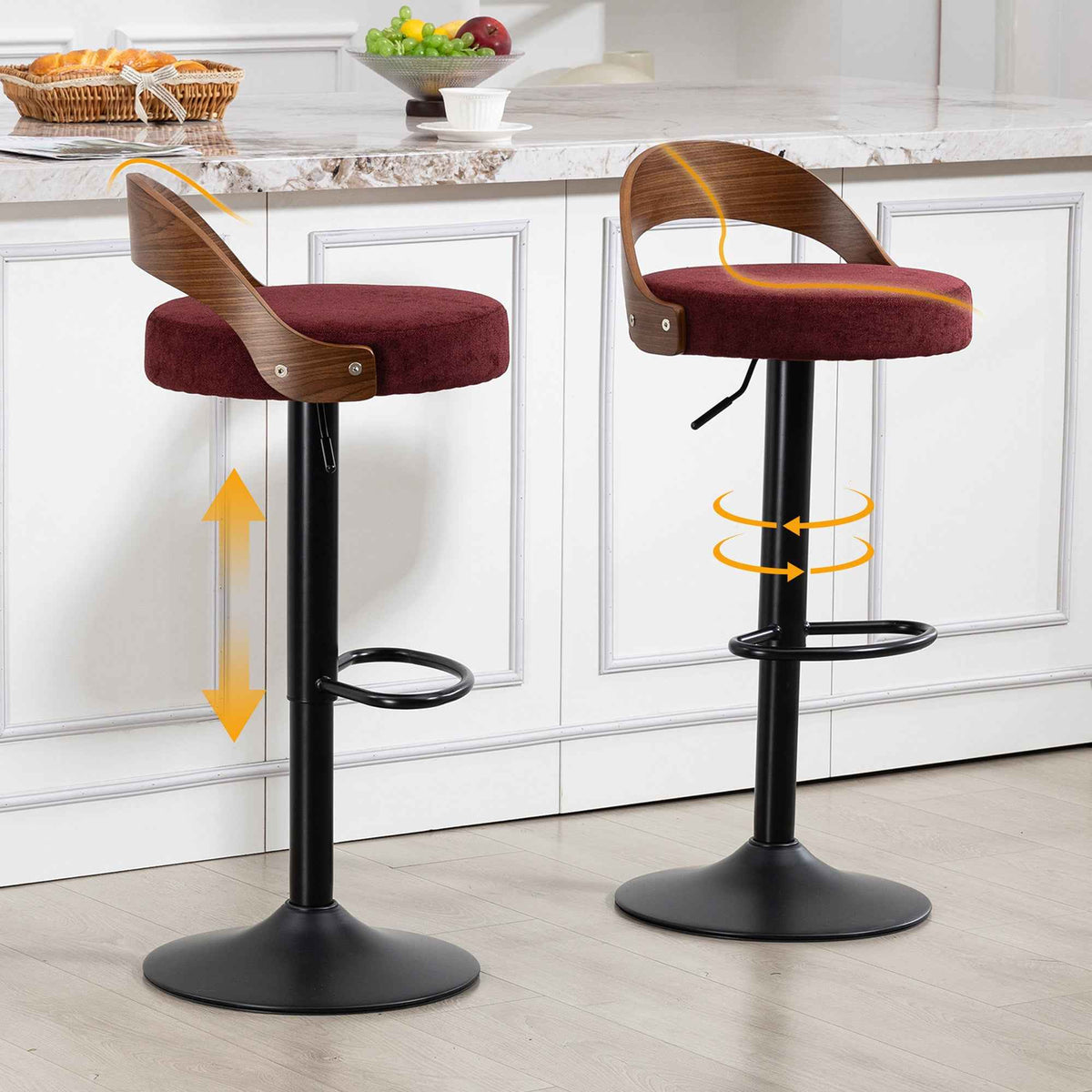 Set of 2 360° Swivel Bar Stools with Walnut Backrest & PU Seat, Height Adjustable Wine Red (Germany Delivery Only)
