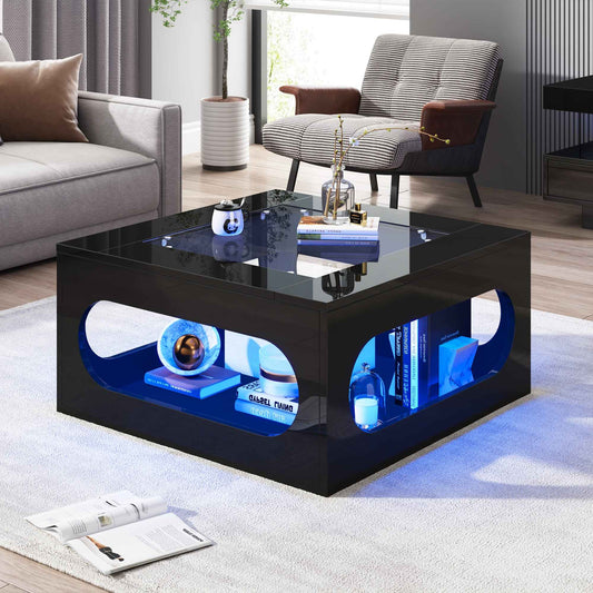 70cm Black LED Coffee Table – Modern Tempered Glass Top Side Table with Storage Compartment