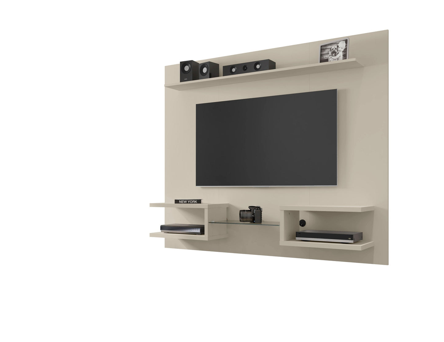 Augusta Modernes schwebendes Entertainment-Center mit Regalen – Beige/Creme Hochglanz