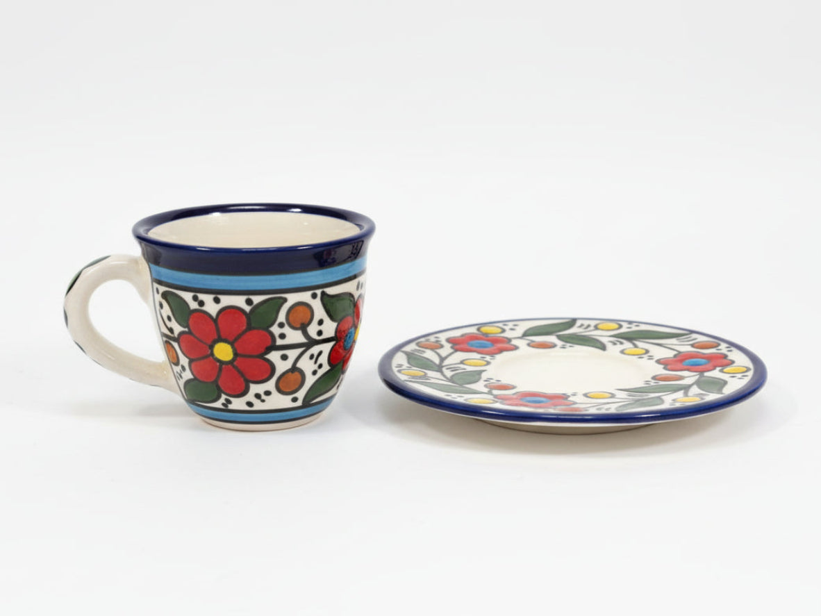 Handgefertigte palästinensische Tasse für arabischen Kaffee | Keramik-Espressotasse mit Gartenrosenranke aus Hebron