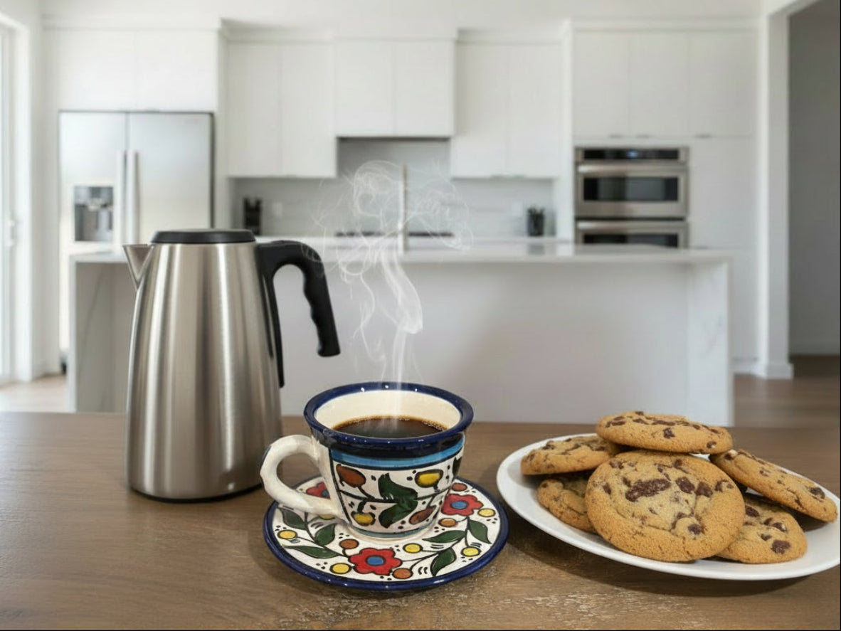 Handgefertigte palästinensische Tasse für arabischen Kaffee | Keramik-Espressotasse mit Gartenrosenranke aus Hebron