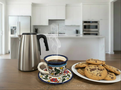 Handgefertigte palästinensische Tasse für arabischen Kaffee | Keramik-Espressotasse mit Gartenrosenranke aus Hebron