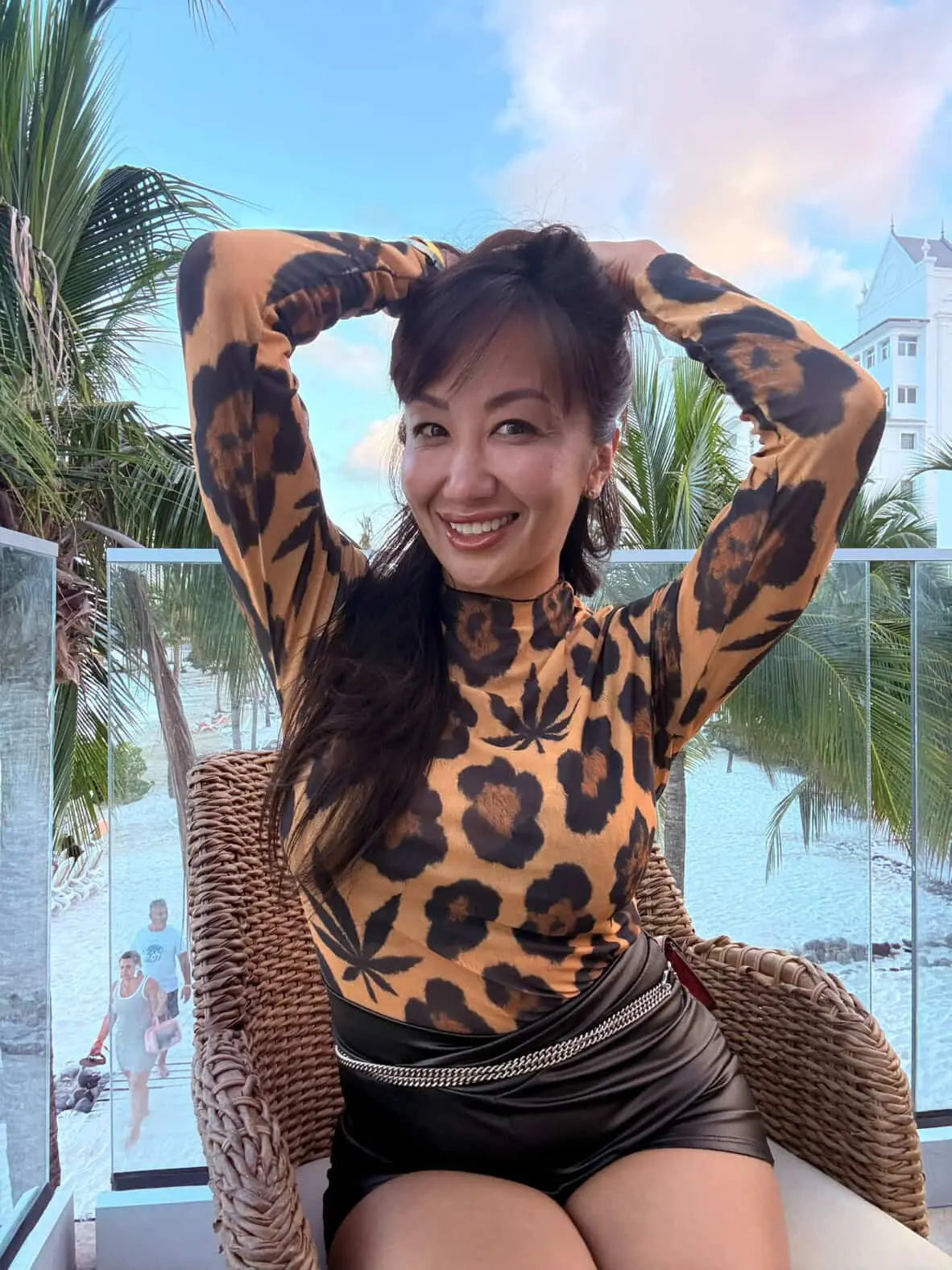 Leopard High-Neck Mesh Long-Sleeve Top