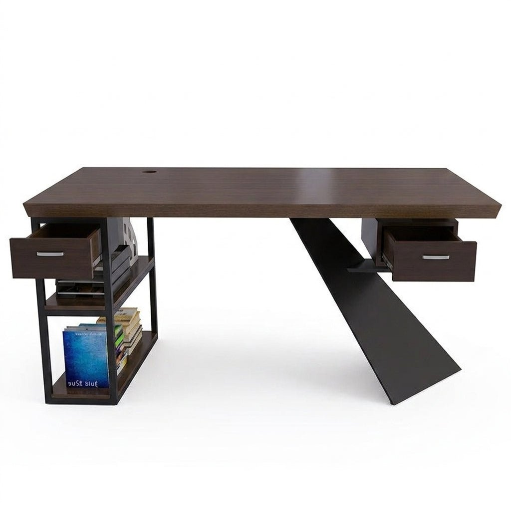 Moderner Bürotisch mit K-Gestell aus Stahl und 2 Schubladen