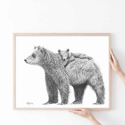 Grizzly with cub - wildlife black and white art print