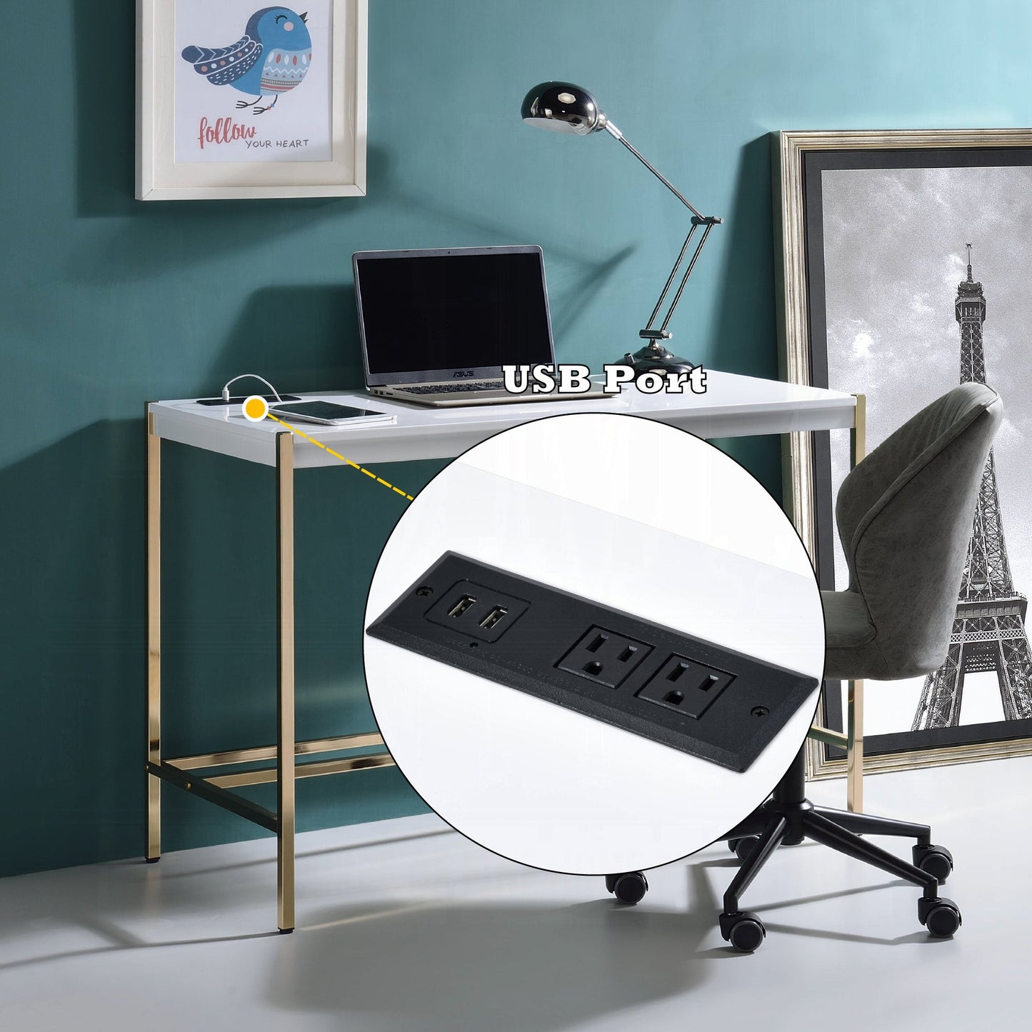 Lunar Eleganter Multi-Funktionsschreibtisch mit USB-Anschluss - Weiß/Gold