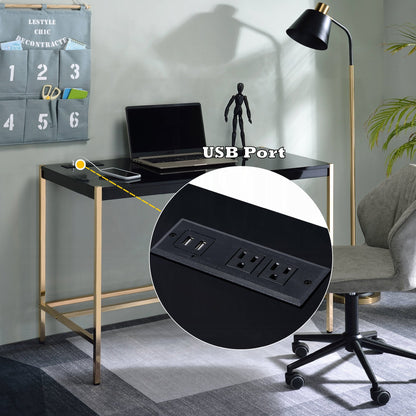 Lunar Eleganter Mehrzweck-Schreibtisch mit USB-Anschluss – Schwarz/Gold
