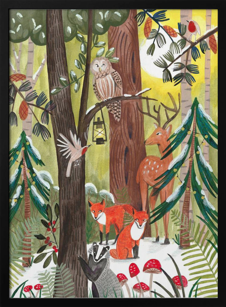 Wandbild Grüner Weihnachtswald mit Tieren Leinwandbild