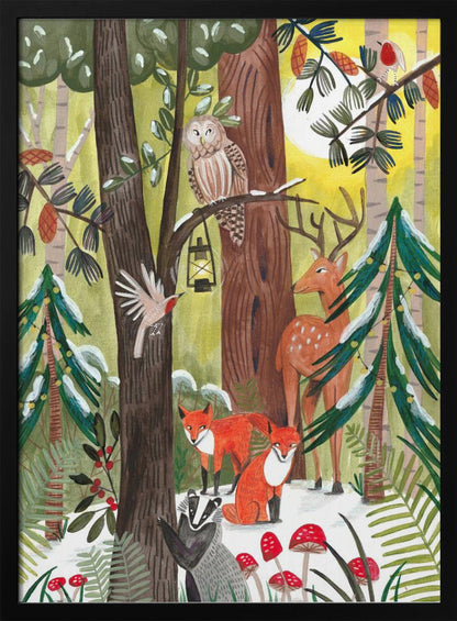 Wandbild Grüner Weihnachtswald mit Tieren Leinwandbild