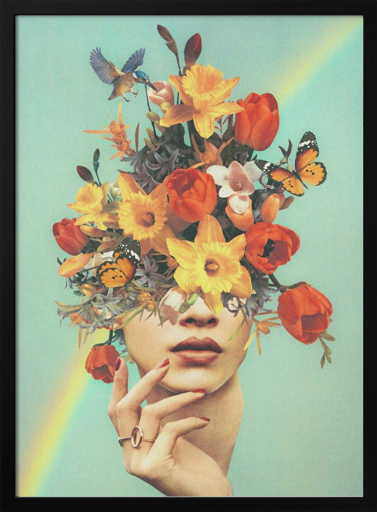 Wandbild – Baby in voller Blüte – Regenbogen, Blumen, Vögel & Schmetterlinge