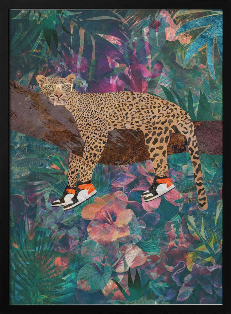 Wandkunst Tropische Blumen Dschungel – Leopard trägt Schuhe