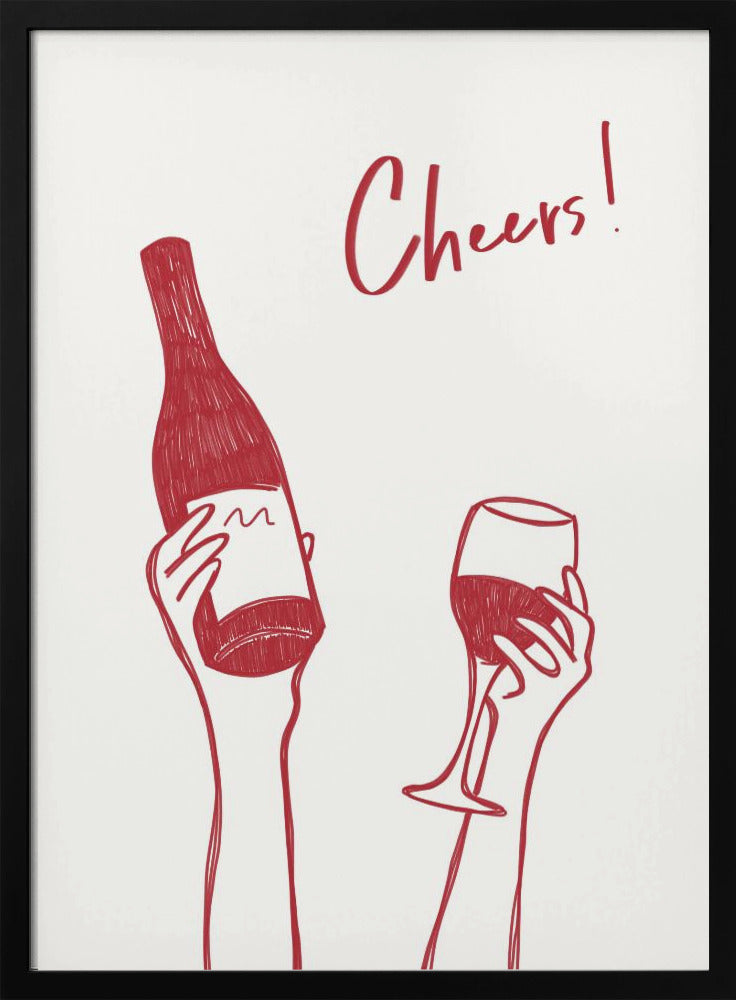 Wandbild Wein-Illustration & Text „Cheers“ (schwarz-weiß)