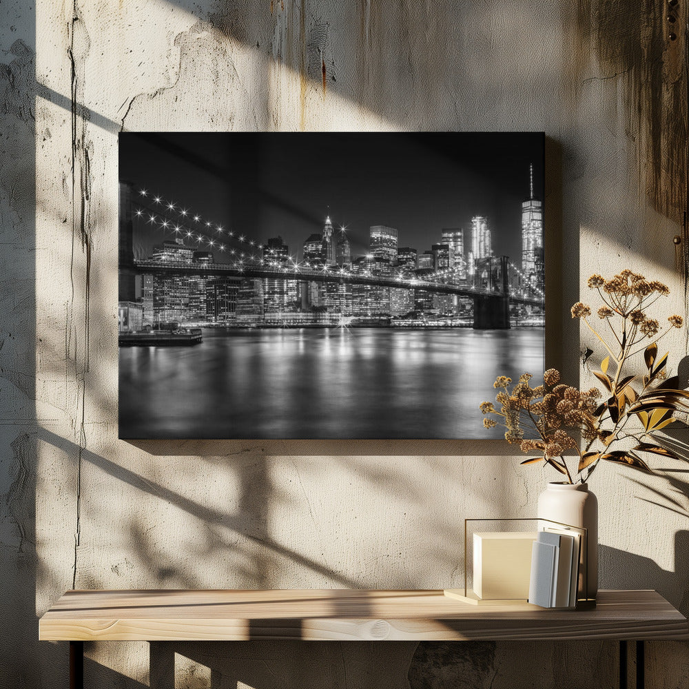Wandkunst – MANHATTAN SKYLINE und BROOKLYN BRIDGE Idylische Nachtlandschaft