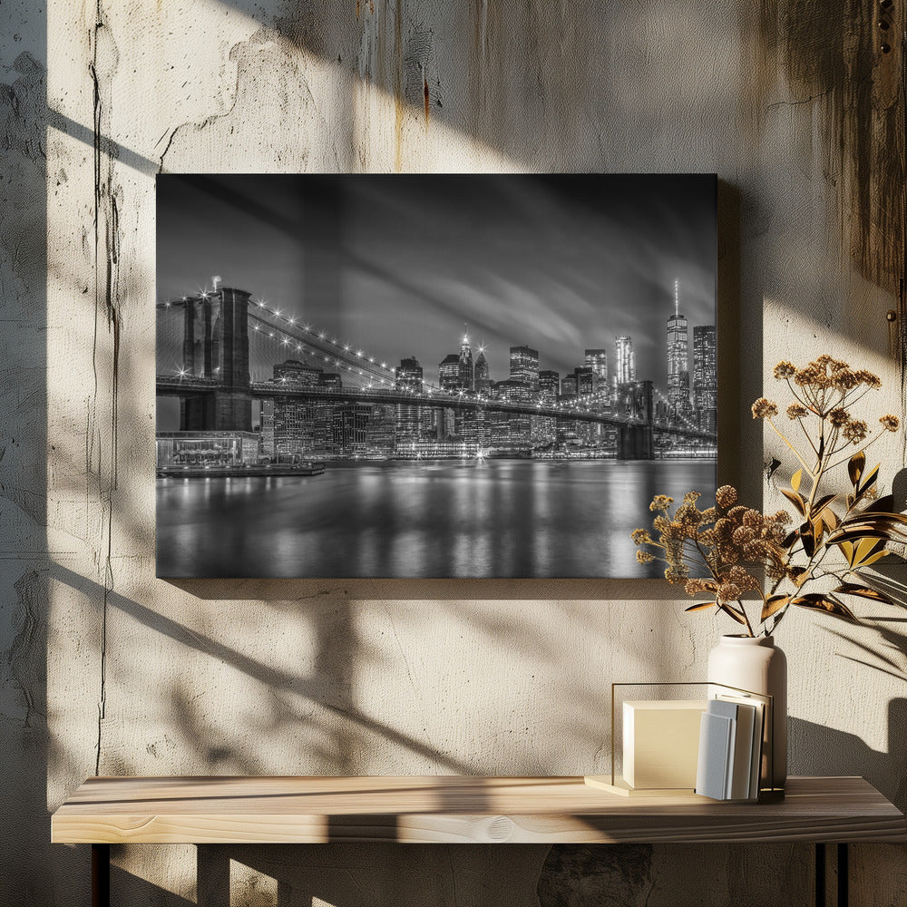 Wandkunst-BROOKLYN BRIDGE nächtliche Impressionen – Monochrom