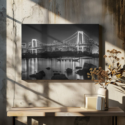 Wandbild Wunderschöne Regenbogenbrücke mit Tokio-Skyline am Abend - monochrom