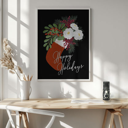 Wandbild Blumen Strumpf Frohe Feiertage in Schwarz Leinwandbild