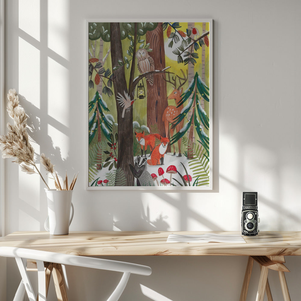 Wandbild Grüner Weihnachtswald mit Tieren Leinwandbild