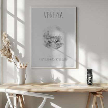 Wandbild Koordinaten VENEDIG Canal Grande | monochrome Aquarell