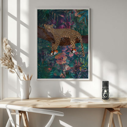 Wandkunst Tropische Blumen Dschungel – Leopard trägt Schuhe