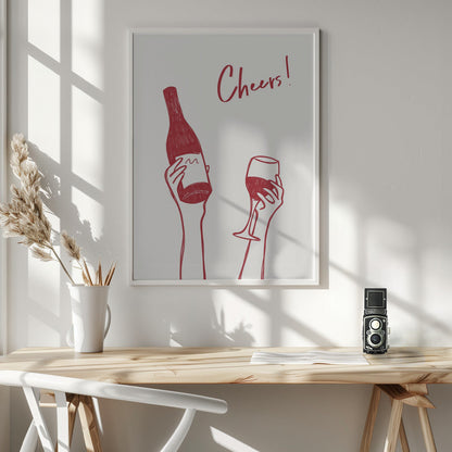 Wandbild Wein-Illustration & Text „Cheers“ (schwarz-weiß)