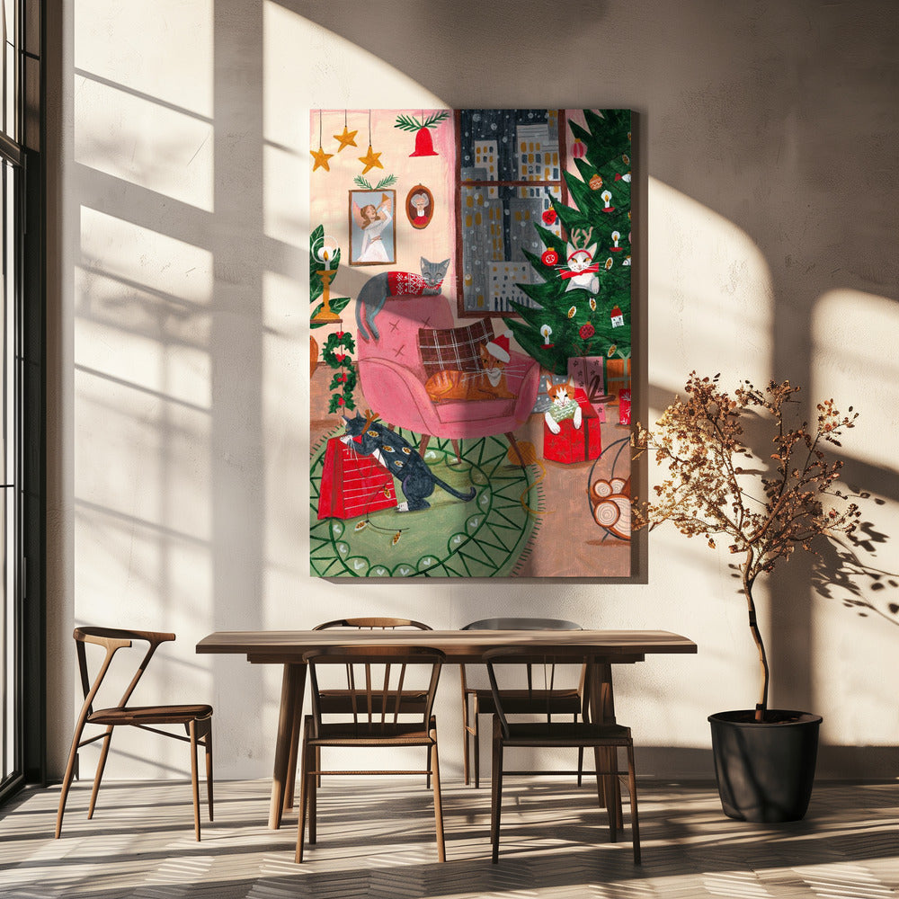 Wandbild Weihnachtskatzen in NY Leinwanddruck