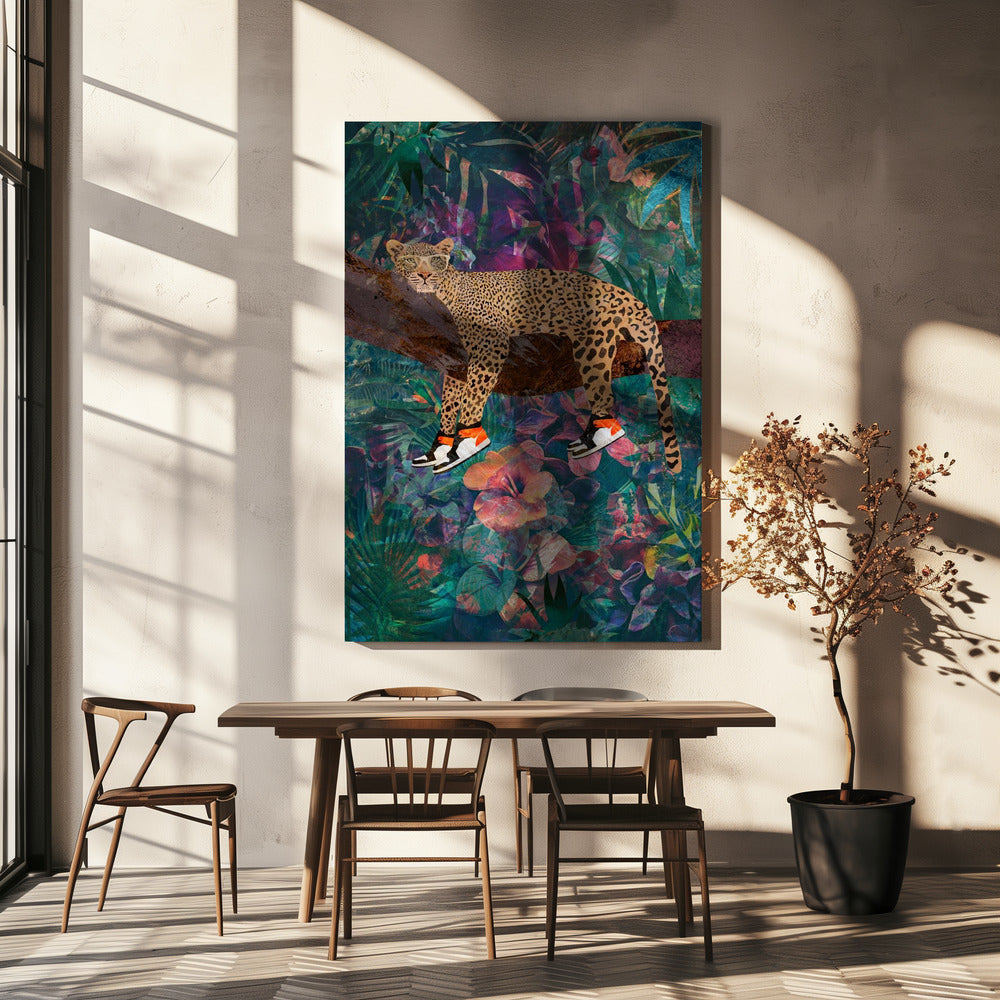 Wandkunst Tropische Blumen Dschungel – Leopard trägt Schuhe