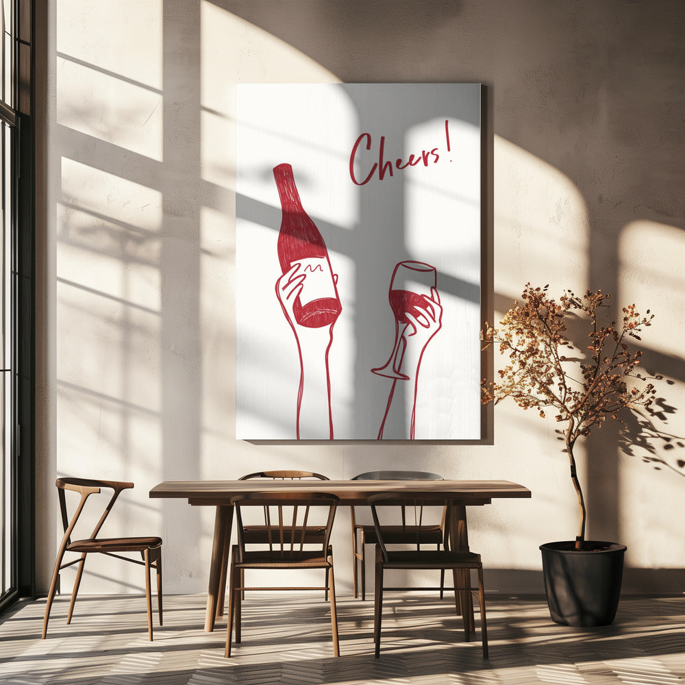 Wandbild Wein-Illustration & Text „Cheers“ (schwarz-weiß)