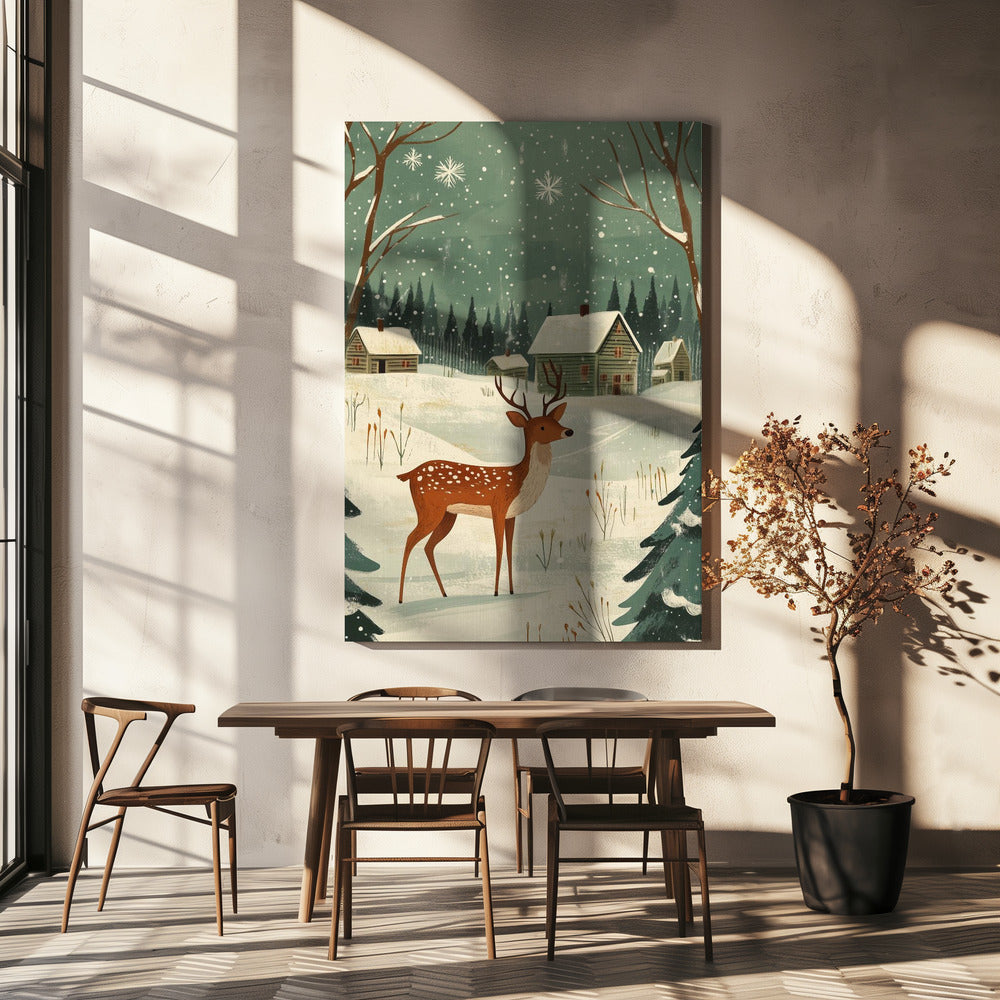 Wandbild Hirsch Winterferien Grüner Leinwanddruck