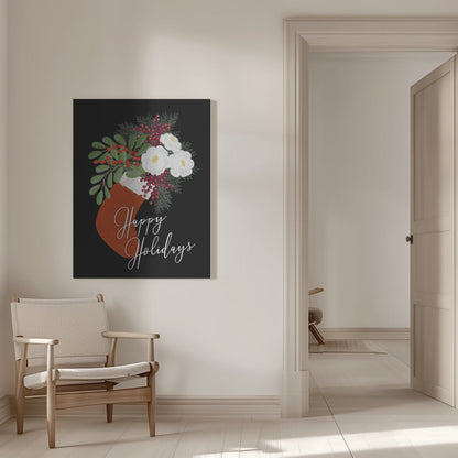 Wandbild Blumen Strumpf Frohe Feiertage in Schwarz Leinwandbild
