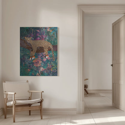 Wandkunst Tropische Blumen Dschungel – Leopard trägt Schuhe