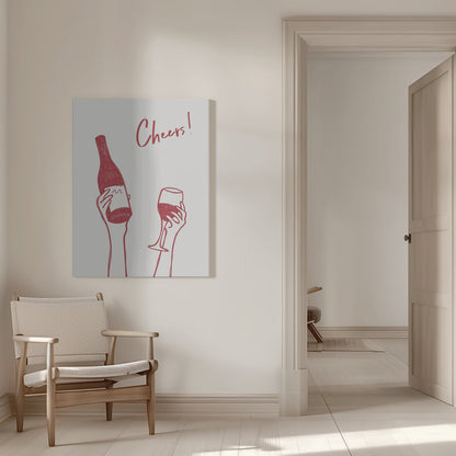 Wandbild Wein-Illustration & Text „Cheers“ (schwarz-weiß)