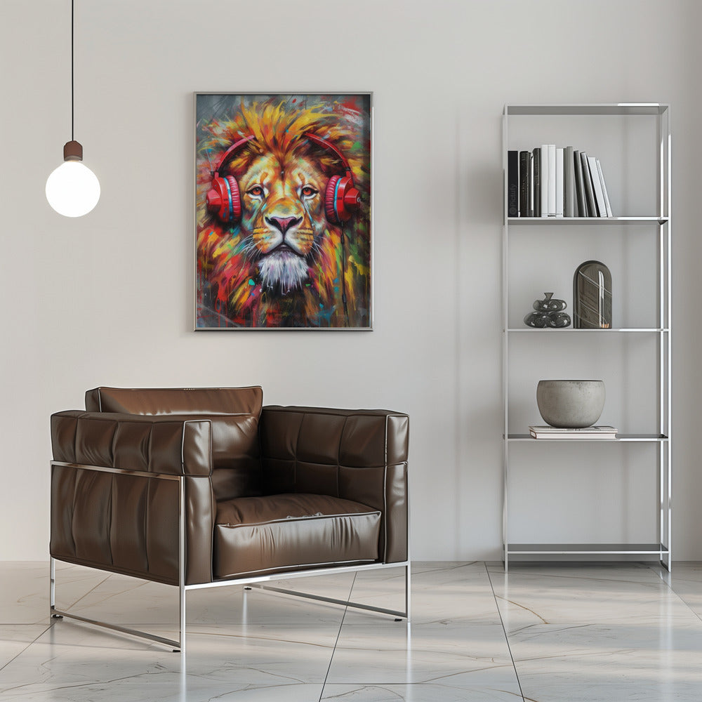 Wandbild Löwe mit Kopfhörern Tier