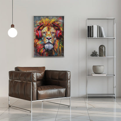 Wandbild Löwe mit Kopfhörern Tier