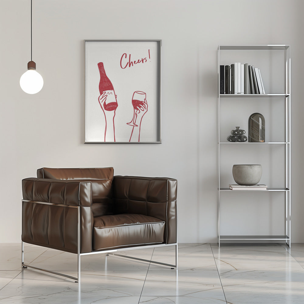 Wandbild Wein-Illustration & Text „Cheers“ (schwarz-weiß)