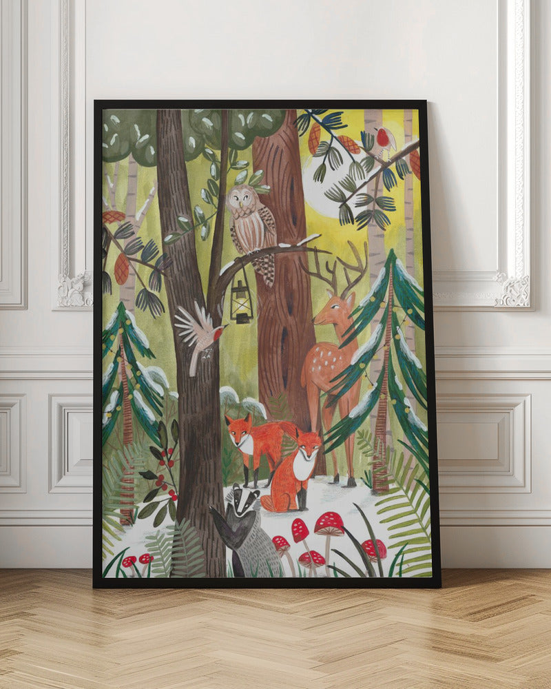 Wandbild Grüner Weihnachtswald mit Tieren Leinwandbild