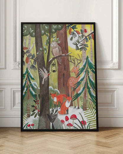 Wandbild Grüner Weihnachtswald mit Tieren Leinwandbild