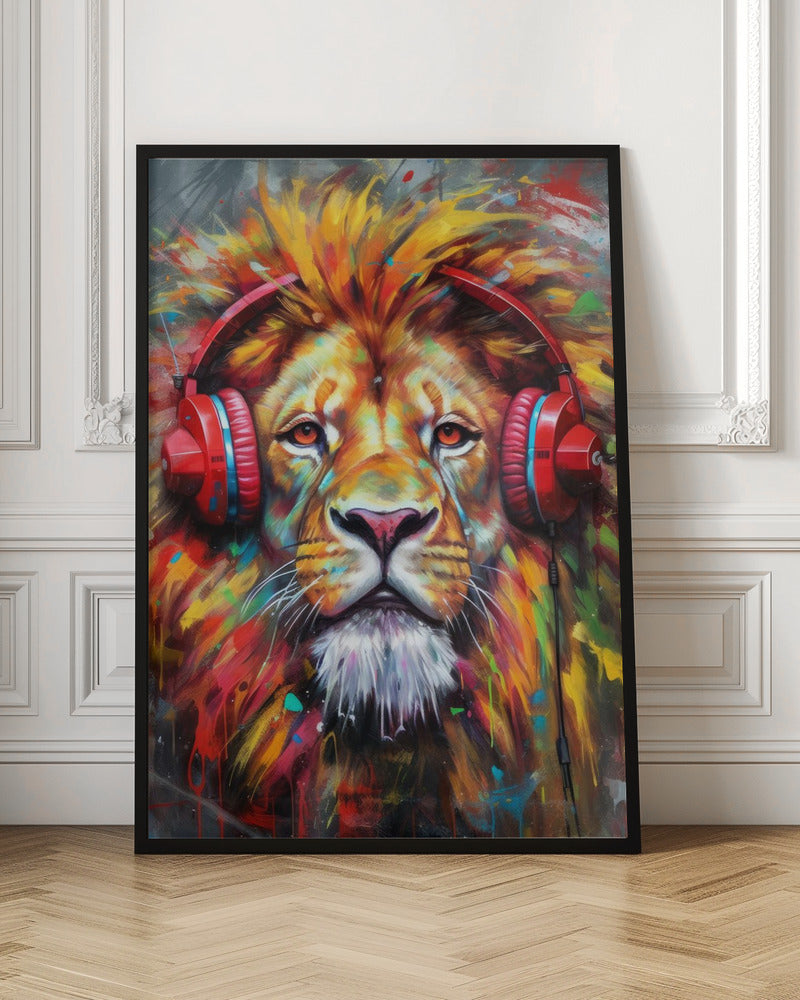 Wandbild Löwe mit Kopfhörern Tier