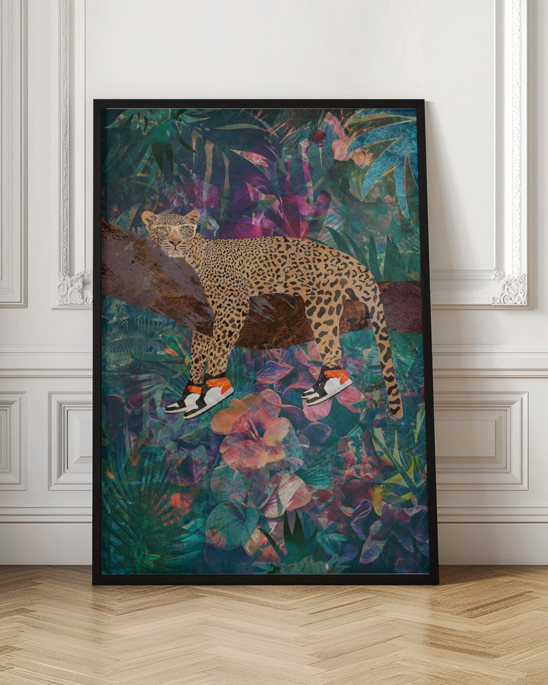 Wandkunst Tropische Blumen Dschungel – Leopard trägt Schuhe