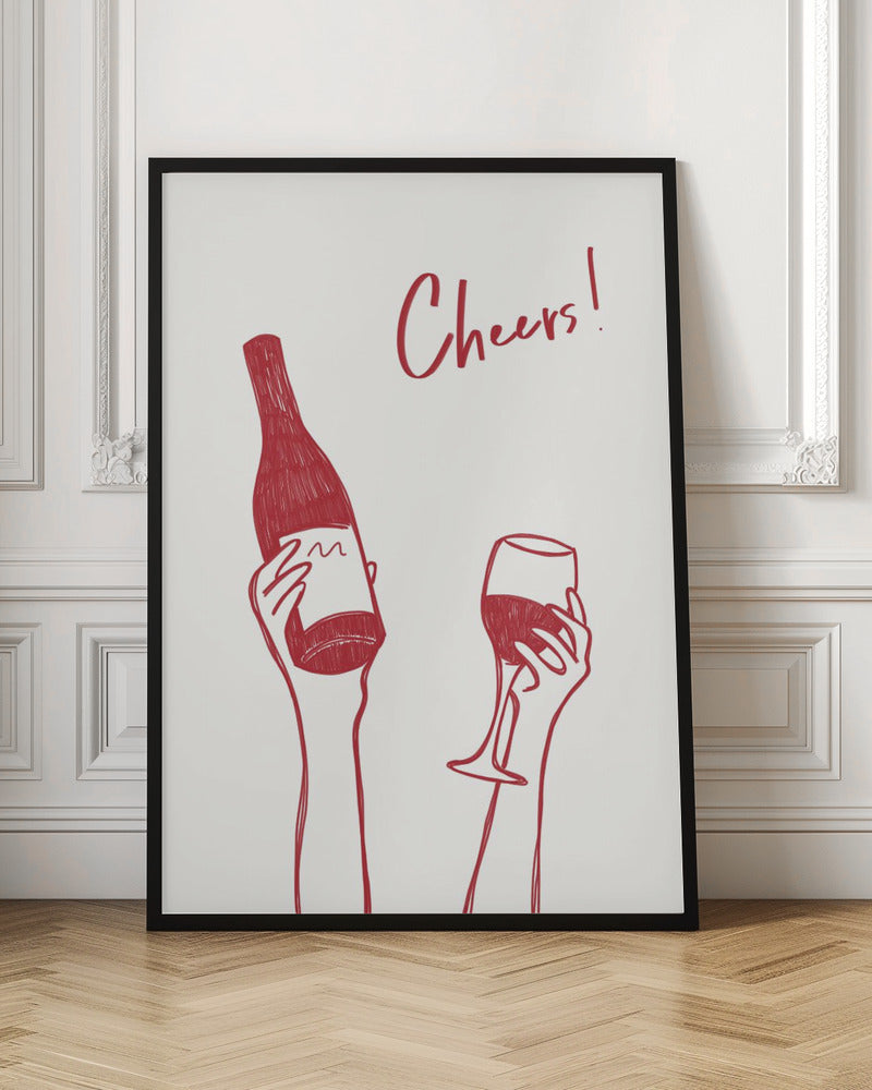 Wandbild Wein-Illustration & Text „Cheers“ (schwarz-weiß)