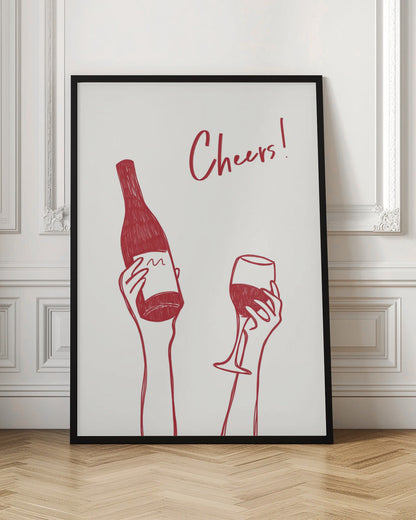 Wandbild Wein-Illustration & Text „Cheers“ (schwarz-weiß)