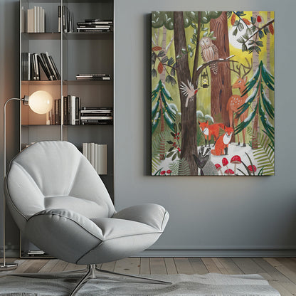 Wandbild Grüner Weihnachtswald mit Tieren Leinwandbild