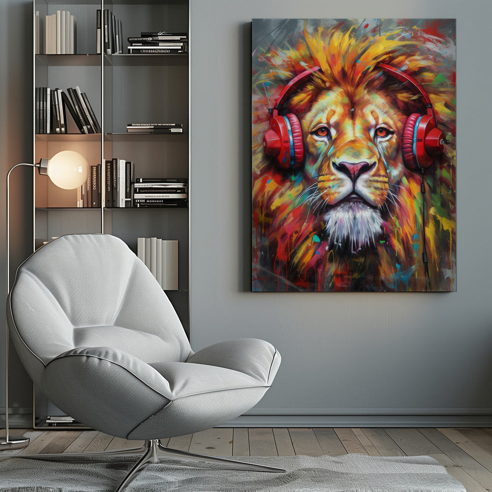 Wandbild Löwe mit Kopfhörern Tier