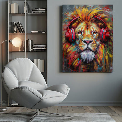 Wandbild Löwe mit Kopfhörern Tier