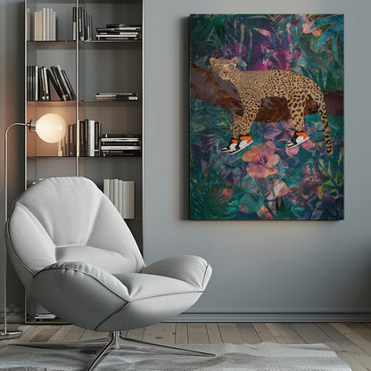 Wandkunst Tropische Blumen Dschungel – Leopard trägt Schuhe
