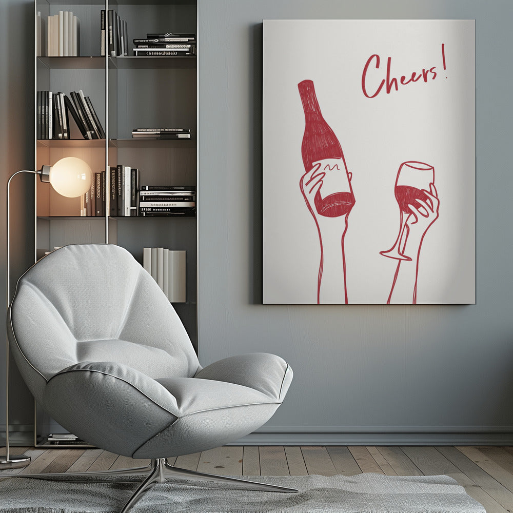 Wandbild Wein-Illustration & Text „Cheers“ (schwarz-weiß)