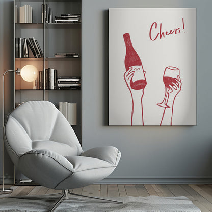 Wandbild Wein-Illustration & Text „Cheers“ (schwarz-weiß)