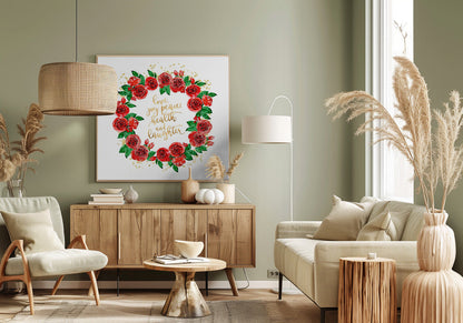 Wandbild Weihnachtswünsche Kranz aus roten englischen Rosen