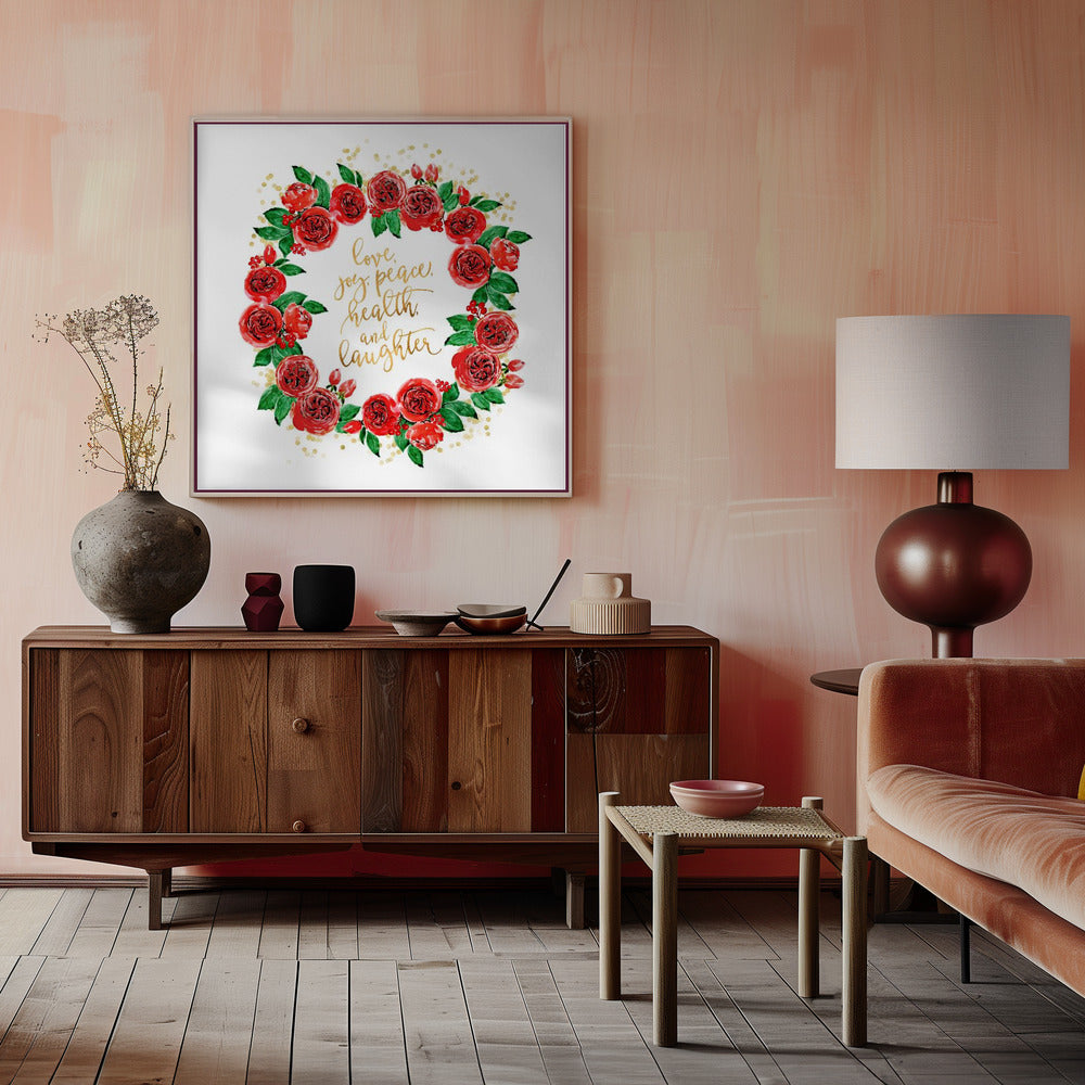 Wandbild Weihnachtswünsche Kranz aus roten englischen Rosen