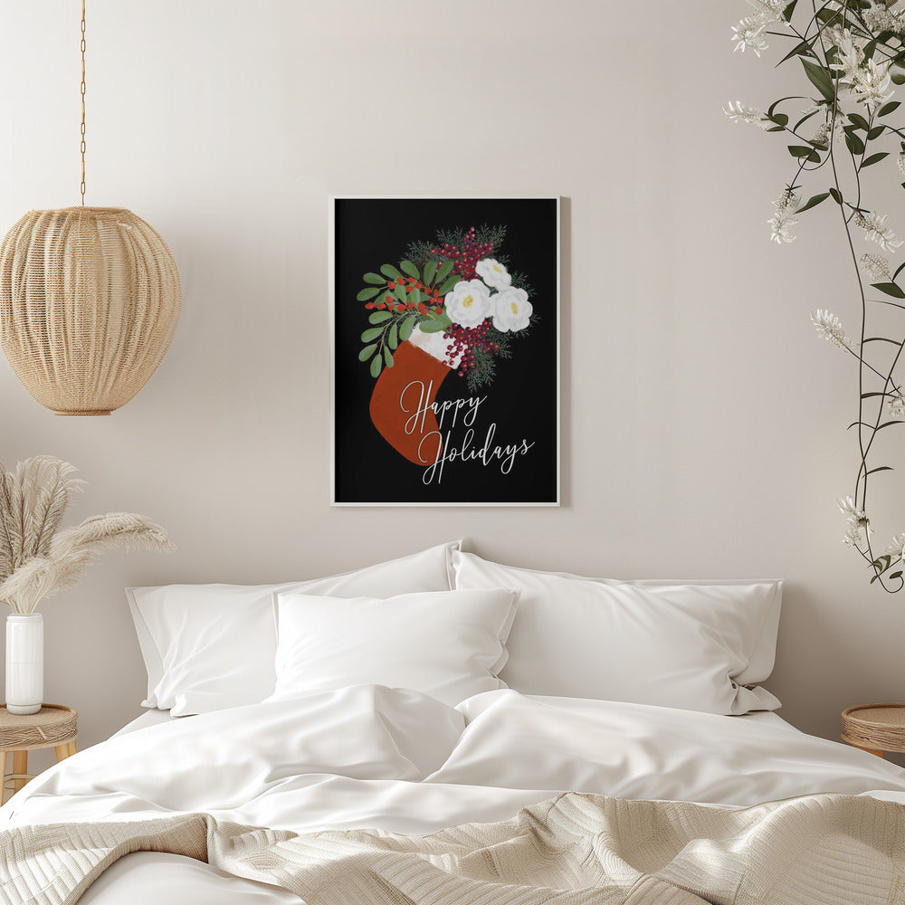 Wandbild Blumen Strumpf Frohe Feiertage in Schwarz Leinwandbild